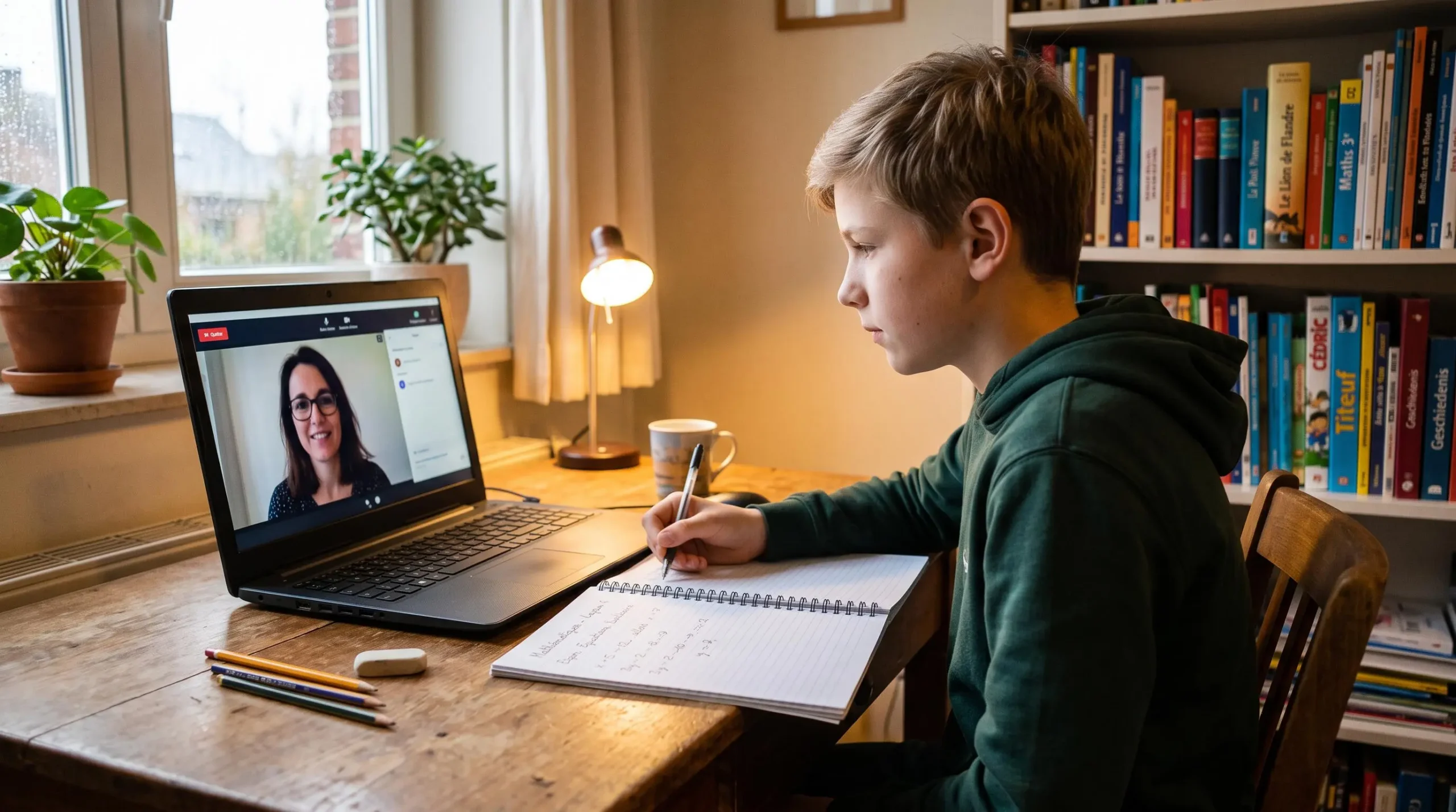 Adolescent en session de cours particulier en ligne par visioconférence avec un tuteur visible à l'écran