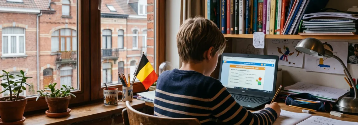 Enfant assis à son bureau travaillant sur un exercice de soutien scolaire via un ordinateur portable dans sa chambre