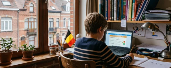 Enfant assis à son bureau travaillant sur un exercice de soutien scolaire via un ordinateur portable dans sa chambre