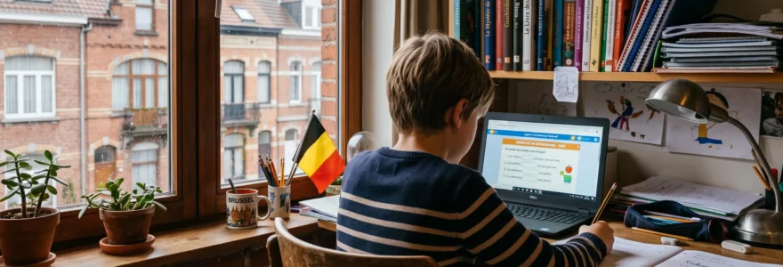Enfant assis à son bureau travaillant sur un exercice de soutien scolaire via un ordinateur portable dans sa chambre