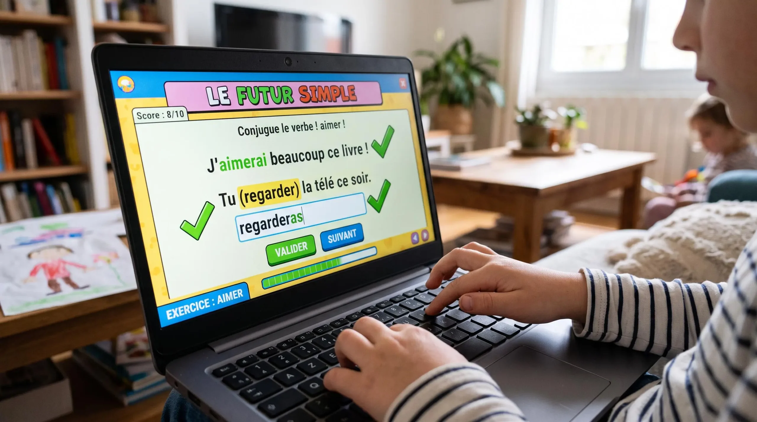 Mains d'enfant interagissant activement avec un exercice éducatif interactif sur ordinateur portable